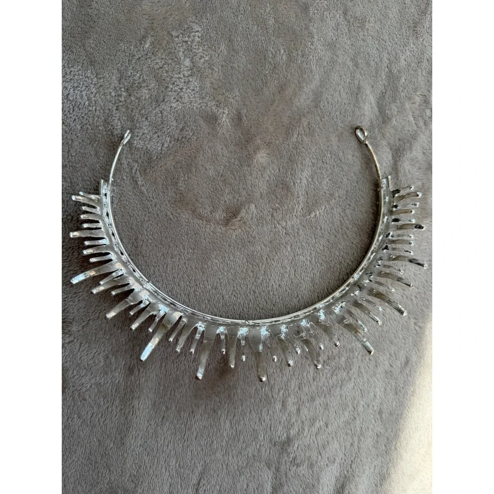 Silver Spiked Rhinestone Tiara Crown Baguette Crystal Bridal Pageant Headpiece